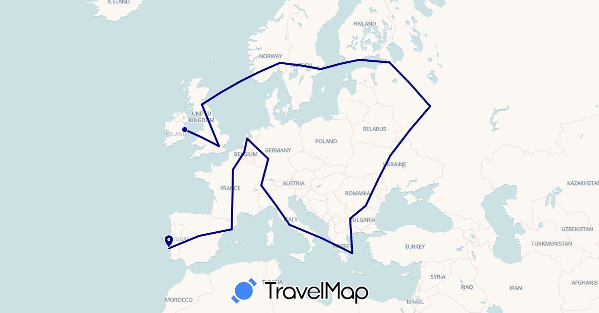 TravelMap itinerary: driving in Belgium, Bulgaria, Switzerland, Germany, Spain, Finland, France, United Kingdom, Greece, Ireland, Italy, Netherlands, Norway, Portugal, Romania, Russia, Sweden, Ukraine (Europe)